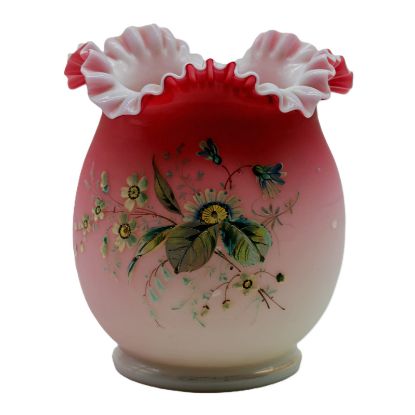 Picture of Antique Peachblow Art Glass Vase With Ruffled Rim And Enamel Florals