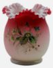 Picture of Antique Peachblow Art Glass Vase With Ruffled Rim And Enamel Florals